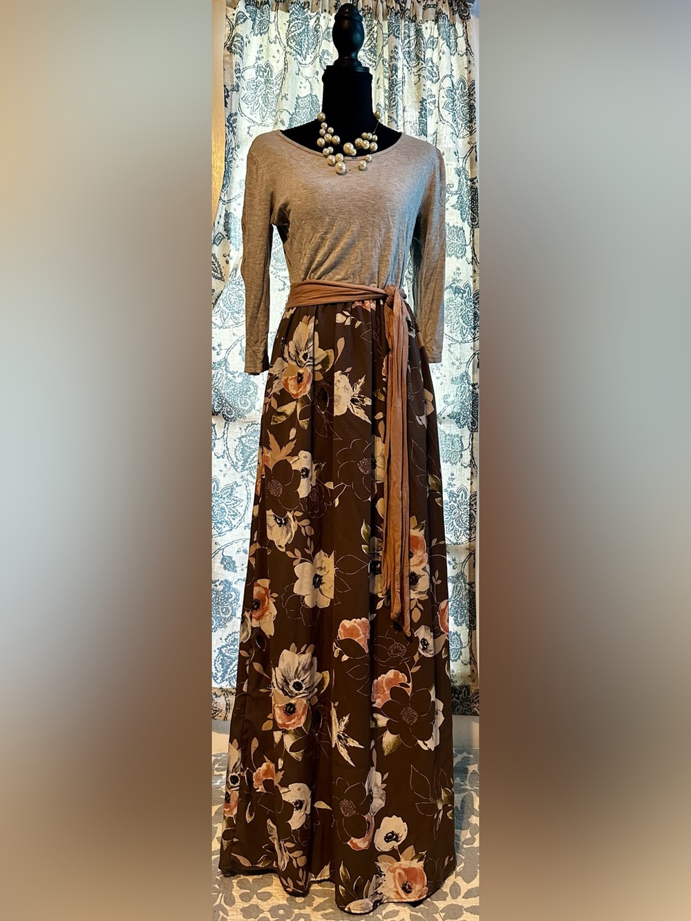 Grey Floral Maxi Dress with Peach Accents and Sash